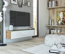 Meuble TV Bas 180Cm Wotan Chêne Blanc Brillant Sans Poignée 80141324