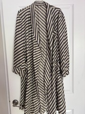 Vintage silk Robe Women Size L Striped Beige Blue Belted