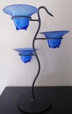 Magnifique Bougeoir Fer Forgé 3 Coupelles Bleu intense et Elégance