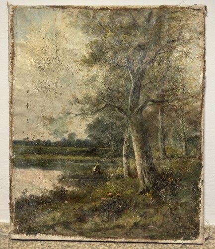 Huile paysage pêcheur étang