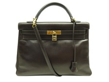 SAC A MAIN HERMES KELLY 35 RETOURNE EN CUIR BOX MARRON CHOCOLAT BANDOULIERE BAG
