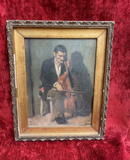 Oil Painting 20th Century Portrait Musician Cello Player Painting Signed