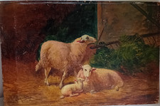 Tableau huile sur panneau moutons à l 'étable XIX ieme