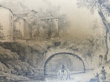 Très Beau Dessin XIXe 1850 mine de plomb crayon Paysage Pont Cheval Chevaux Art