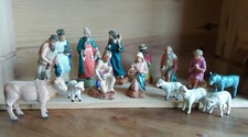 Santons Antique Nativity Plaster Lot 9 Characters, 4 Sheep, Cow, Donkey