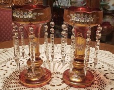 2 Bohemian 12” Ruby GLASS lustres Mantle Gold Cased w/ Enameled Florals candles