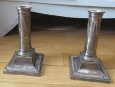 PAIR OF 19TH CENTURY SILVER METAL AND COPPER CANDLE HOLDERS OR TORCH