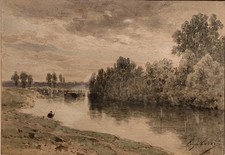 Aquarelle par Eugène Ciceri (1813-1890) : Paysage de campagne