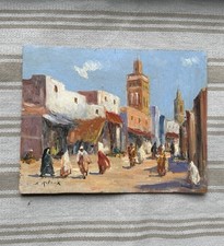PEINTURE SUR PLAQUE Bois PLACE MARCHÉ ORIENTALISTE MAROC SIGNÉE B. RETAUX
