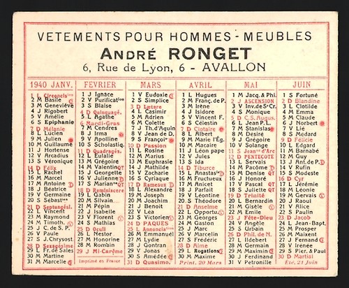 Calendrier 1940 avallon - calendrier,