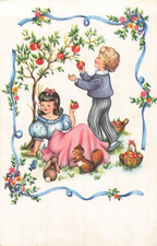 ILLUSTRATED CP CHILDREN PICKING APPLES SQUIRREL RABBIT - 62697