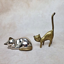 Lot de 2 Figurines Vintage Chat - Laiton & Métal Argenté - Décoration Animalière