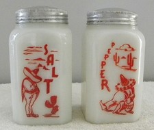 Vintage Pair Siesta Sombrero Milk Glass, Red Graphics Salt & Pepper Shakers Set