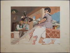 Sur la terrasse par Émile Aubry lithographie 19ème