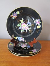 3 Black Dessert Plates Floral Decor & Gilding Signed D'Artois Limoges ""