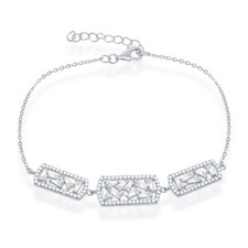 Sterling Silver Triple Rectangle with Center Baguettes & CZ Border Bracelet
