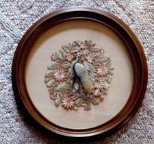 Vnt 3D Silk Textile Art Peacock Flower Garden Stone Lantern Oriental Japan China