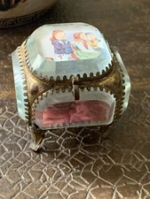 1900's Beveled Glass Jewelry Box Gold Metal