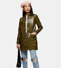 Women’s topshop buttoned vinyl car trench coat jacket green olive khaki 10