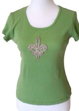 Marabou Top Shirt Size Large Green Rhinestone Beaded Fleur De Lis Juniors