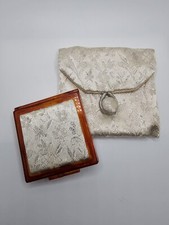 Vintage Metallic Silver Tapestry Faux Tortoise Shell Mirror Compact Lenor NY 