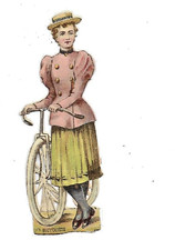 Antique Chromo Cutout the young woman bicycle cyclist H. 11.5 cms