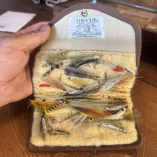 Vintage ORVIS Fly Fishing Canvas Trifold Wallet/ Wool Patch Case & Trout Flies