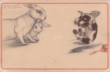 Old postcard fantasy illustration by Achille Mauzan two rabbits and small dog 1917