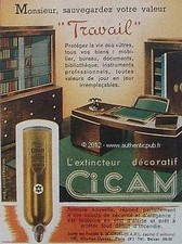 PUBLICITE CICAM EXTINCTEUR DECORATIF BUREAU MOBILIER INCENDIE DE 1942 FRENCH AD