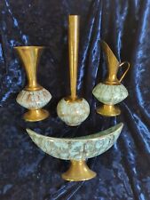 Vtg 4pc  Delft Holland Hand Painted Luster Pitcher Bud Vase  Brass  Blue Grey 