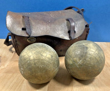 Ancienne paire de boules Lyonnaises Sacoche cuir Longue Jeu Vintage