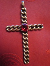 Antique CROSS BANGLE LINKS in SILVER HEART STONE color GARNET