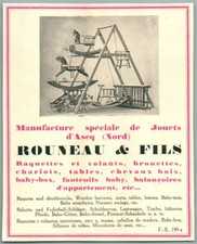 RUNEAU ASCQ TOYS WOODEN HORSES WAGONS BABY BOX ADVERTISE 1928 WOODEN TOY