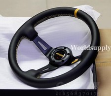 MOMO 350mm 14' Genuine Leather Deep Cone 90mm Black Spoke Sport Steering Wheel