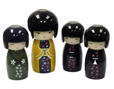 SET OF 4 BoConcept Japanese Wooden Kokeshi Doll Candle Holders 6 5/8" + 5 1/2" H