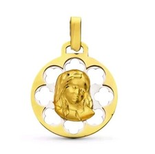 Pendentif Or 9k 375 Mls. Médaille Vierge Fille Bicolore 21x18 MM 1,40 Grammes