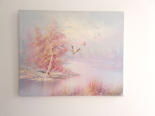Tableau paysage lac canards - lac,