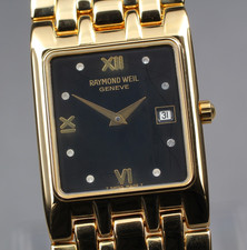 NOS Raymond Weil 9982 Débardeur Femme 18K GP Cadran Noir Date Quartz avec Éti...