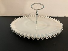 Vintage Fenton Milk Glass Ruffled Silver Crest Handled Tidbit Tray Plate 12.5" D