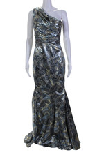 Badgley Mischka Womens Metallic Sleeveless One Shoulder Lame Gown Blue Size 0