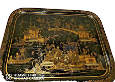 Grand plateau rectangulaire en tôle laquée noire et or à décor aux chinois 19ème