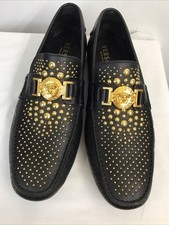 Versace Men Driving Shoe Black leather gold medusa Top Strap & studs size 43.5