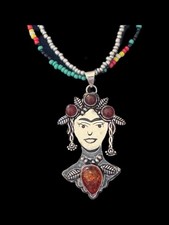 Frida Kahlo Necklace Mexican Artist 925 Plate Pendant On 2 glass Beaded Necklace
