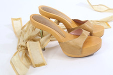 Vintage LES TROPEZIENNES Sandals Beige Wood Detachable Strappy Mules Size 38