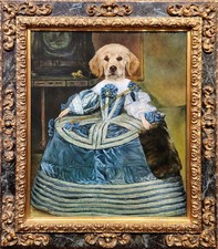 Thierry Poncelet-Portrait of a Puppy Golden Retriever in a Blue Dress-Oil Painti