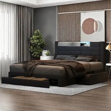 Lit Double YCZ 140x200 avec Sommier à Lattes, LED, USB, Type-C, 3 Tiroirs, Gris