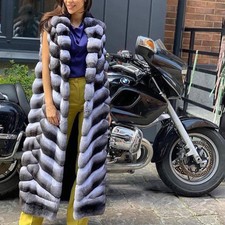 Women Chinchilla Real Rex Rabbit Fur Coat Winter Long Vest Waistcoat Gilet Lapel