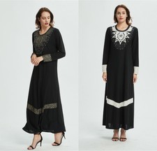 New Women Abaya Fashion Print Beads Full Sleeves Round Neck Kaftan Long Dress