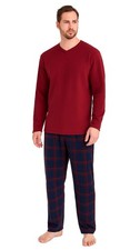 Nikaro Men's Fleece Pajamas - Ribbed Long Sleeve Top & Checked Lounge Pants -