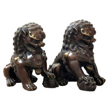 16cm Pair Feng Shui Classical Bronze Lion Statue Evil Guardian Door Fu Foo dog